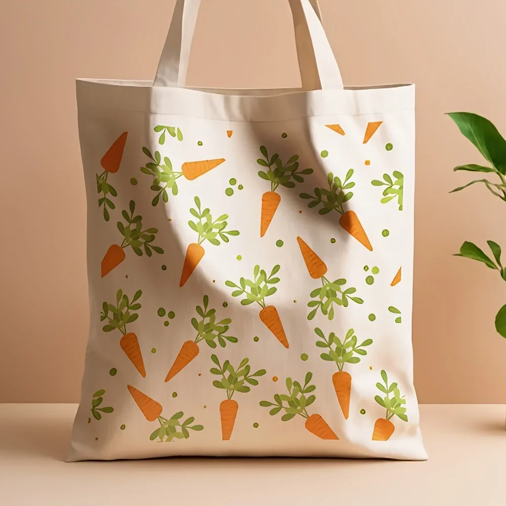 1pc Carrot Pattern Canvas Tote Bag - Reusable, High-Quality Grocery Bag with Sturdy Handles, 35.05cm x 40.13cm, Stylish & Durabl
