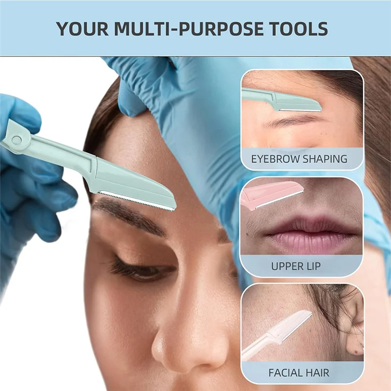 【شعبية】ماكينة حلاقة للوجه للنساء، أدوات تخزين قابلة للطي، شفرات حواجب لإزالة شعر الوجه للنساء والرجال أثناء السفر، أداة تجميل