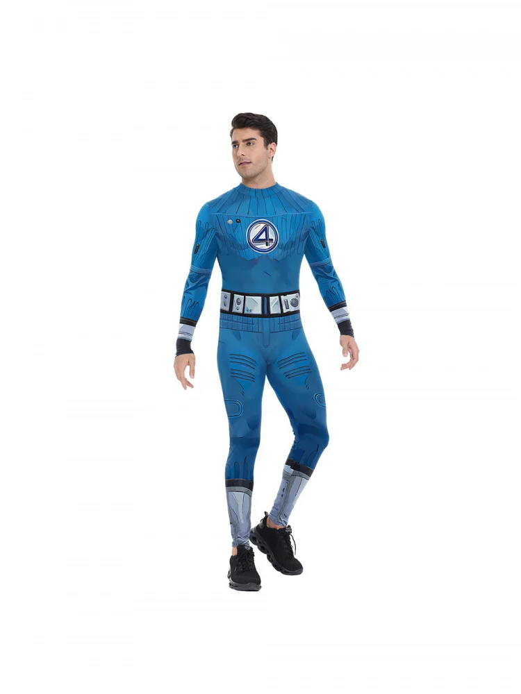 Nowy strój dla dorosłych do odgrywania ról, obcisłe ubrania, Halloween, kombinezon, obcisłe spodnie, kostium superbohatera Fstic Four, materiał z jedwabiu mlecznego