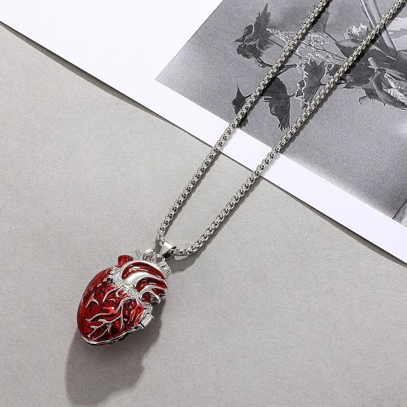 Vintage Gothic openable red heart box pendant necklace necklace for Men Women hip hop punk ornament Halloween gift