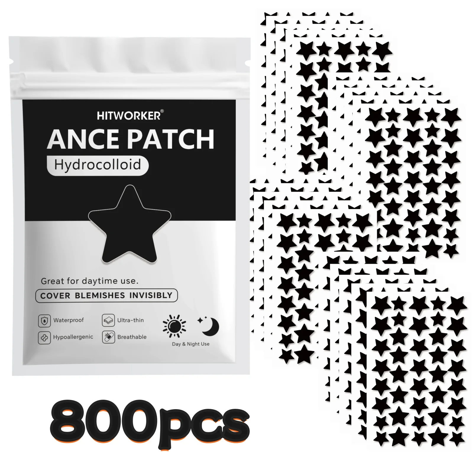 Großpackung Schwarze Sternförmige Hydrokolloid-Pickelpatches 240/480/800 Stück Natürliches Teebaumöl Akne-Aufkleber Unsichtbare Hautunreinheiten-Abdeckung