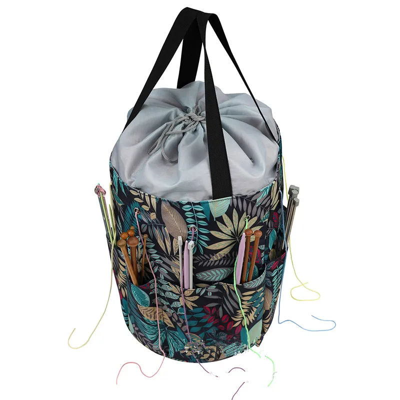 

New Waterproof Yarn Storage Bag With Maple Leaves Blue Color Travel Organize Storage Bags Round Knitted Wool Bag