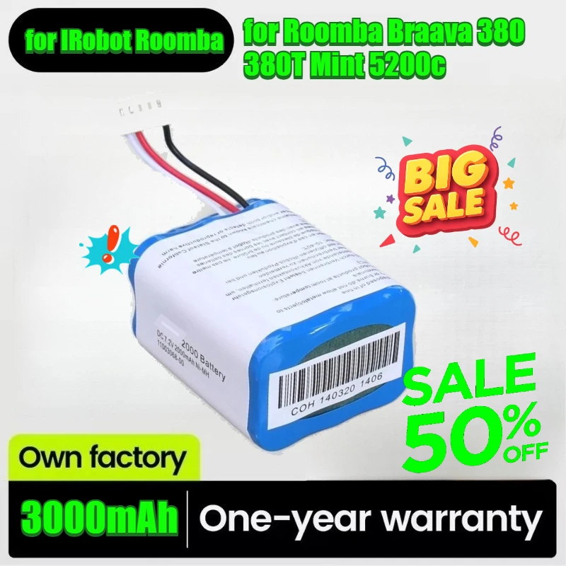 

3000mAh 7.2V Battery for IRobot Roomba Braava 380 380T Mint 5200c Uograded NI-MH or Li-ion Replacement Rechargeable Battery