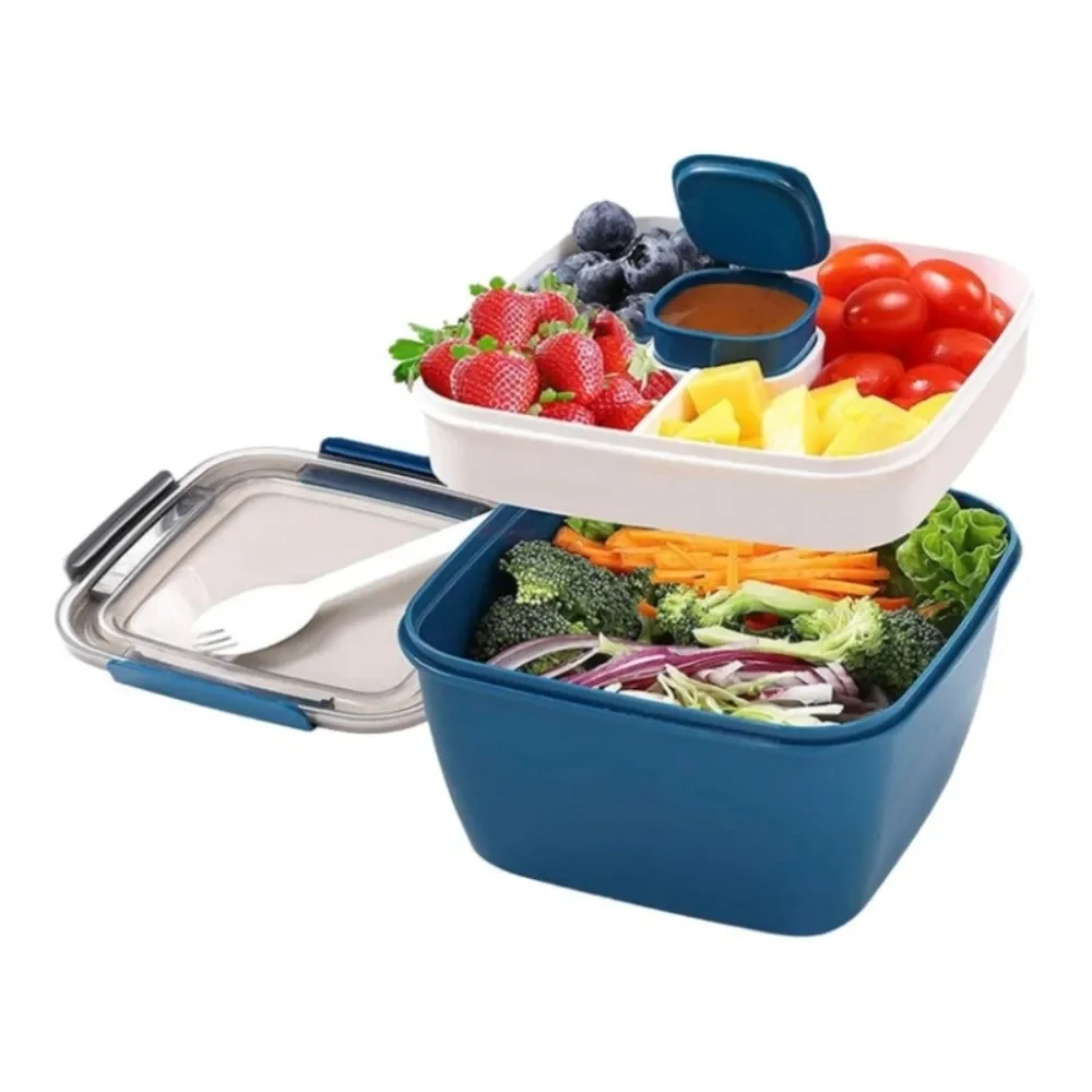 1Pcs Square Bento Box: Portable Light Meal Salad Container, Japanese Double-Layer – Airtight, Microwave-Safe for Office Workers