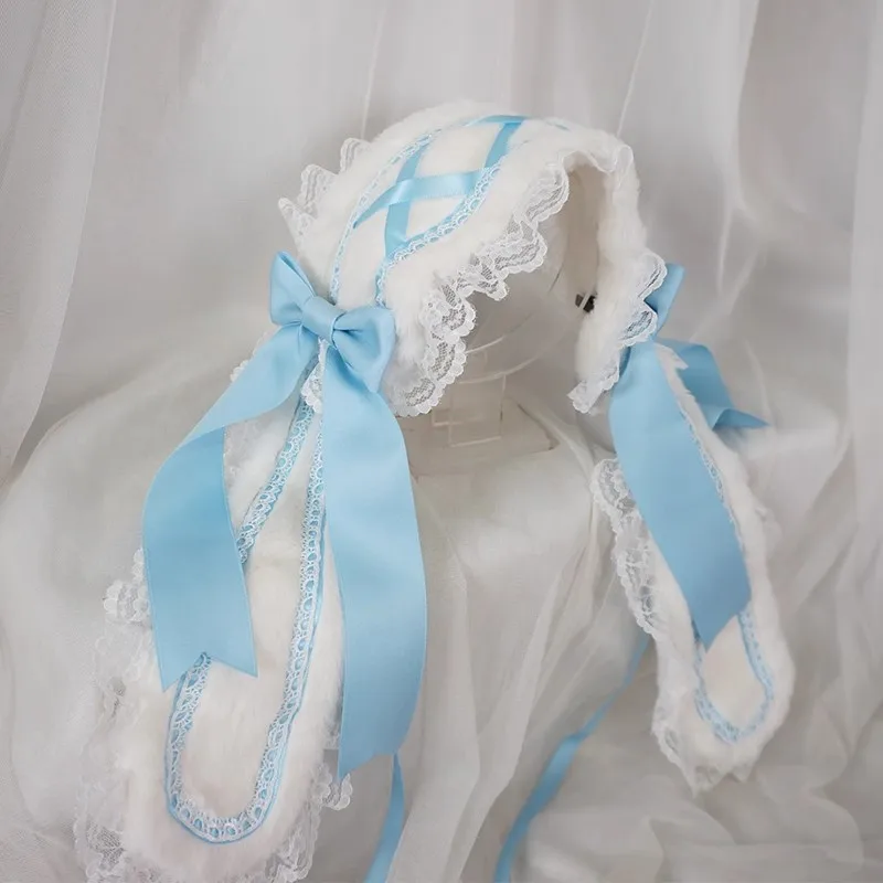 새로운 하라주쿠 이동식 로리타 활 토끼 귀 헤어 액세서리 부드러운 소녀 귀여운 달콤한 플러시 레이스 헤드 피스 메이드 JK 코스프레 머리띠