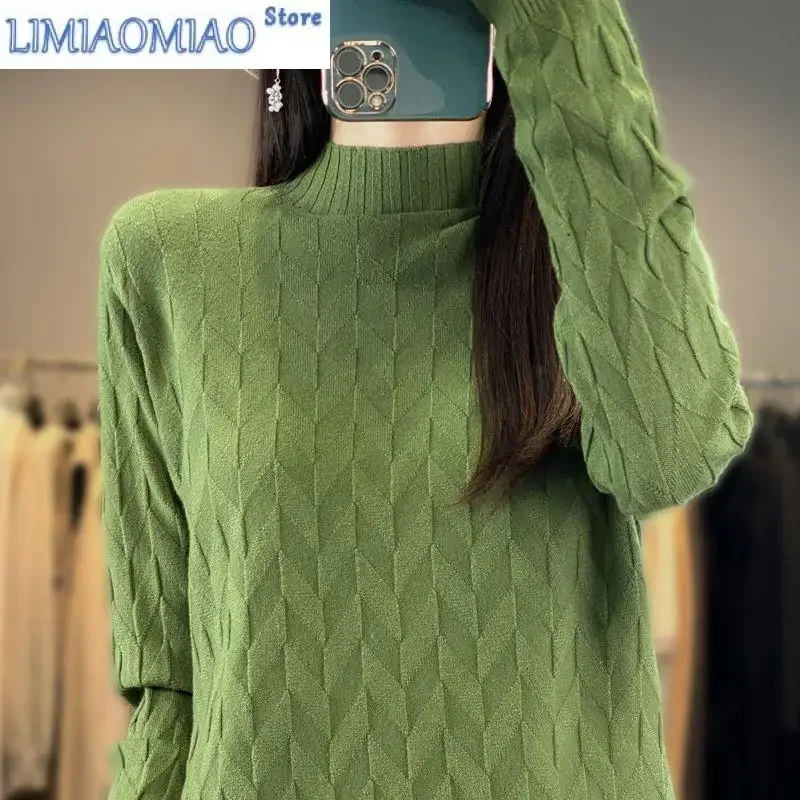 

Autumn Winter Solid Color Long Sleeve Women's Clothing Chic Screw Thread Pullover Sweater O-Neck Argyle Korean Fashion Tops