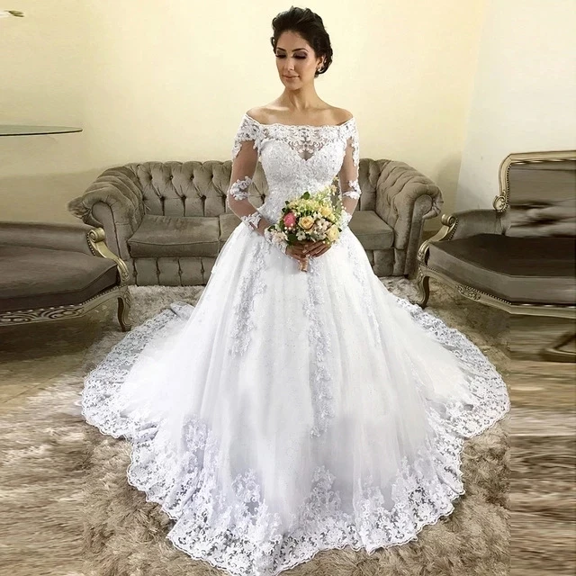 

IRIDESCENT Boat Neck Ball Gown Appliques Elegant Lace Long Sleeves Wedding Dresses Robe De Mariée Arabia Bridal Dresses