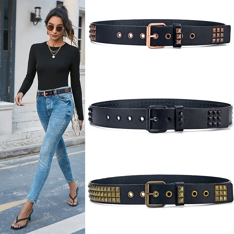 men's fashion studded belt goth punk dress womens split leather belts pin buckle waistband vintage youth jeans girdle mans sash