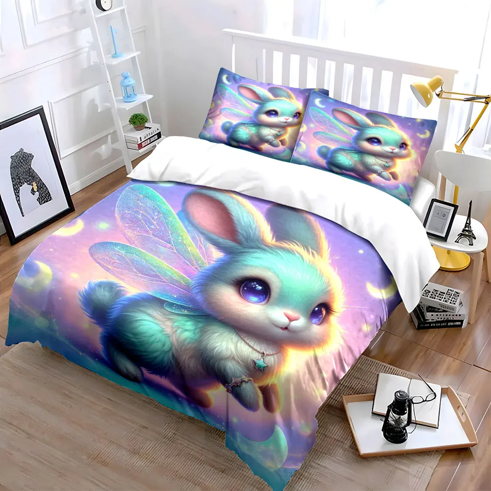 The Winged Bunny in the Dream World Print Bedding Set 1 Duvet Cover 2 Pillowcases for Adult and Children Luxury Gift Full Size