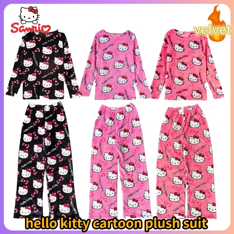 Cartoon Sanrio Hello Kitty Autumn And Winter Flannel Thickened Velvet Cartoon Print Set Winter Wearable Home Clothing Set