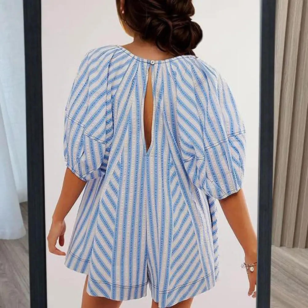 Wide-leg Romper Stylish Striped Print Patchwork Romper Oversized Low-cut V Neck A-line Design for Women for Beach or Summer