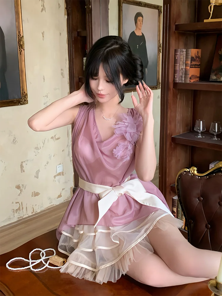ReddaChic Flower Applique Tank Top Skirt Women Set Summer Kawaii Semi-sheer Halter Shirt Mini Cake Skirt Set Coquette Clothes