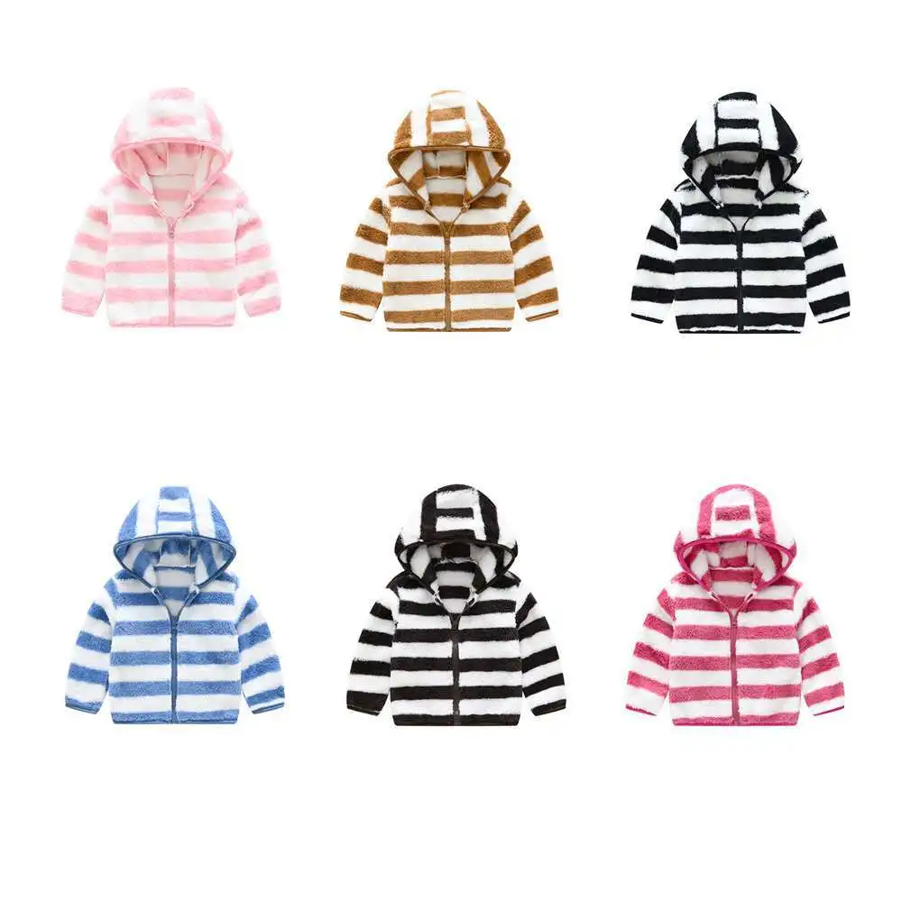 Fall/Winter Kids Wear Boys & Girls Striped Kids Short cute casual hooded coat containing hat Fur coat suitable for 0-6 years