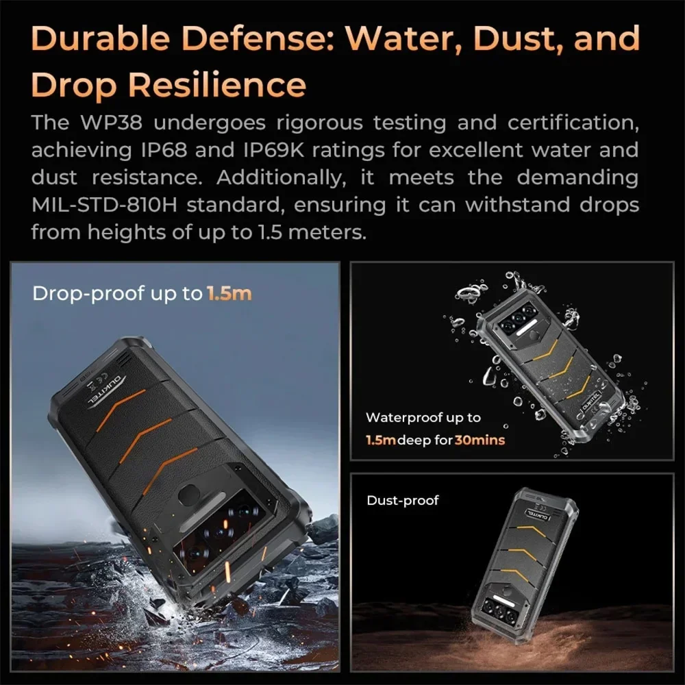 Oukitel WP38 4G Rugged Phone 10600mAh Battery 12GB RAM+256GB ROM Mobile Phones 13MP 6.52" HD+ Display Smartphone Android 13 NFC