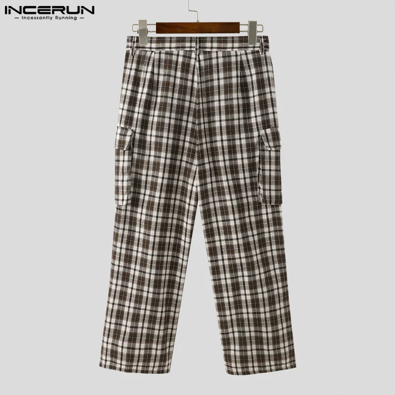 INCERUN-Pantalones largos de estilo americano para hombre, pantalón informal, a cuadros, con bolsillos, S-5XL, 2024