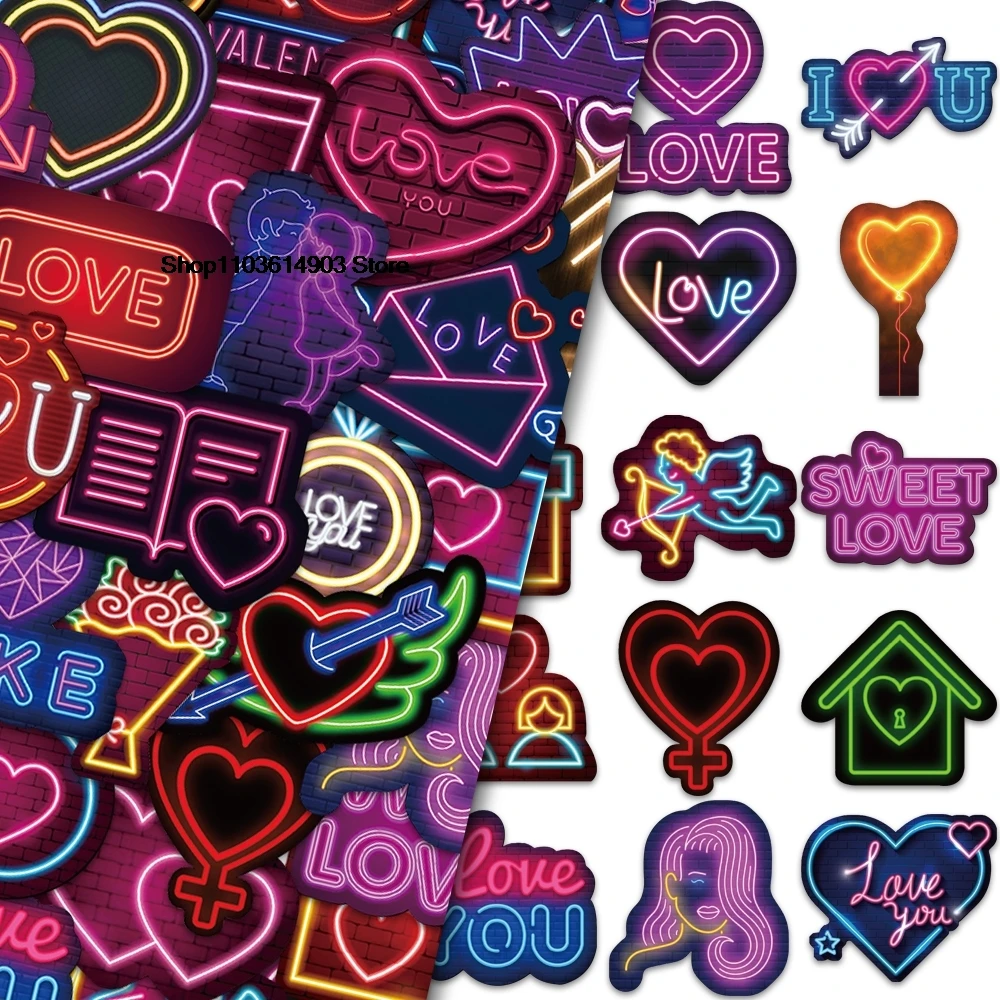 

64PCS Neon Style Valentine’s Day Series Love Stickers Creative Decoration Mobile Phone Laptop Computer water bottle Sticker