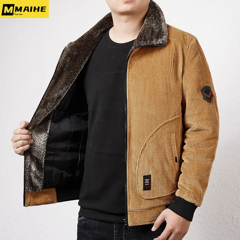 

New autumn and winter coat men's thick warm corduroy jacket plus size 8XL solid color fur collar jacket for the elderly jacket