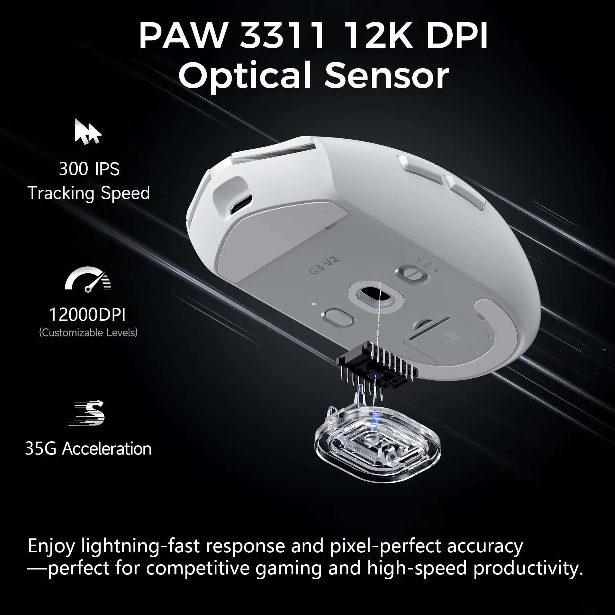 MCHOSE G3 V2 Wireless Gaming Mouse Symmetrical PAW3311 12K DPI Tri-Mode Connection 59g Weight 800mAh Battery