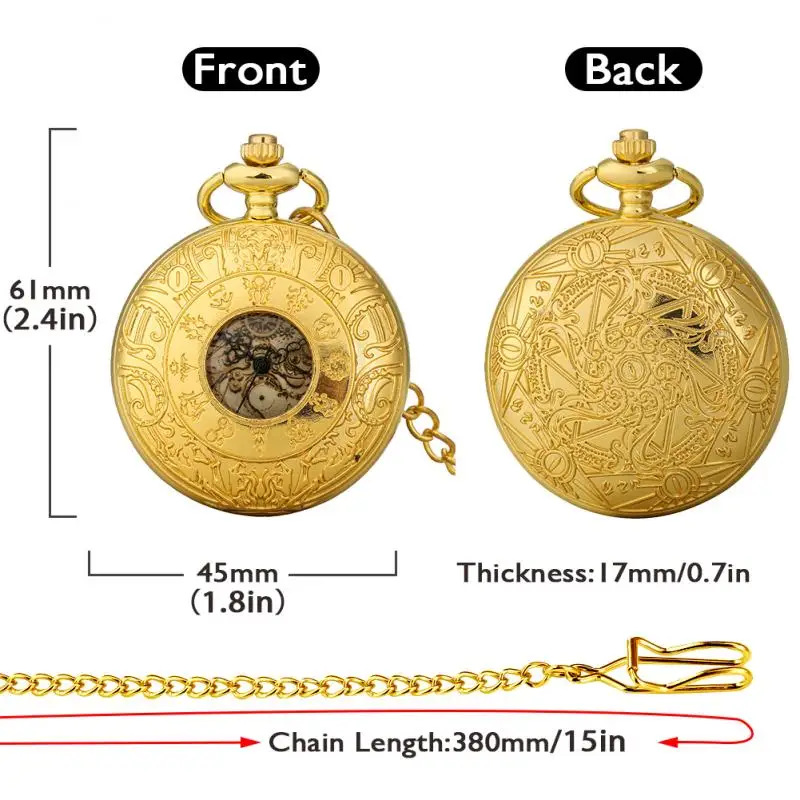 Gold Color Sculptured Gear Clock 12 Constellations Gear Dial Design Hollow Skeleton Wheel Reel Quartz Pocket Watch FOB Chain