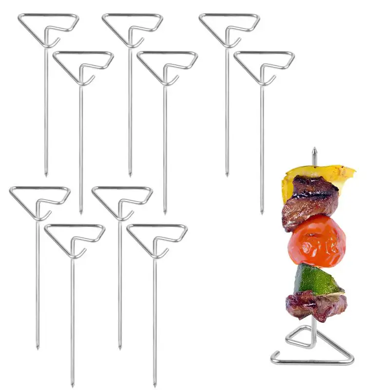 10Pcs Barbecue Skewers Reusable Stainless Steel Triangle Ring Handle Skewer for AirFryer BBQ Grill Flat Forks Accessories