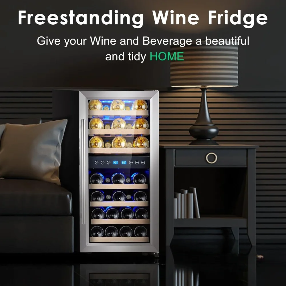 Wine Cooler Refrigerator 16 Inch Wine Refrigerator 33 Bottles Dual Zones Mini Wine Fridge