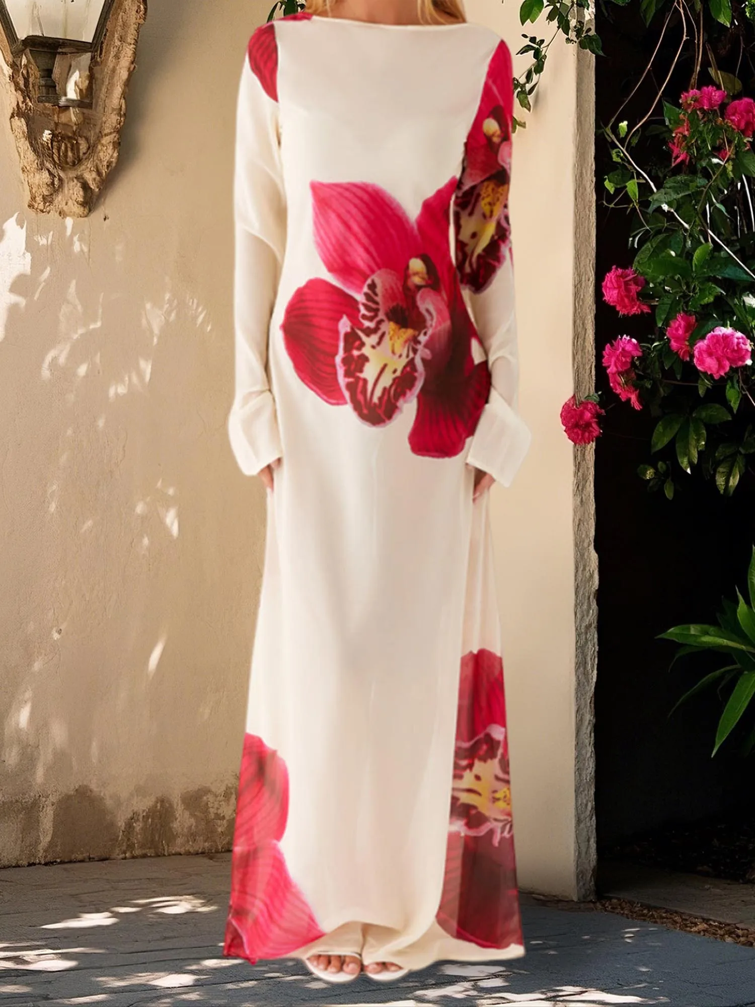 Women s Boho Style Maxi Dress Off Shoulder Ruffle Sleeve Floral Print Beach Dress for Summer Vacation Party Wear