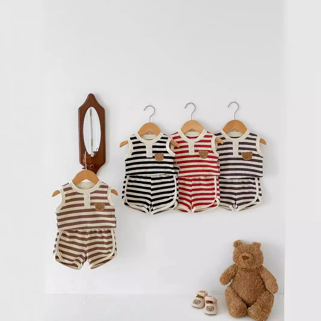 Ins 2025 Summer Baby Children Boys and Girls Waffle Bear Sleeveless Top Pants Two-piece Set
