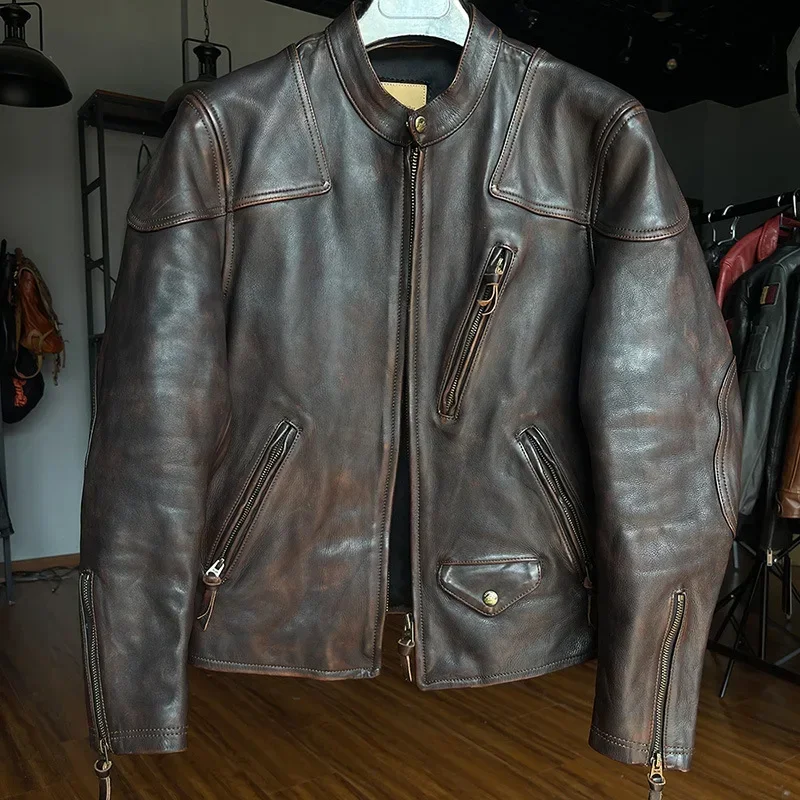 

Brand Men's Luxury Horsehide Overcoat Super Quality 1.8mm Thick Genuine Leather Coat Vintage Leather Cloth