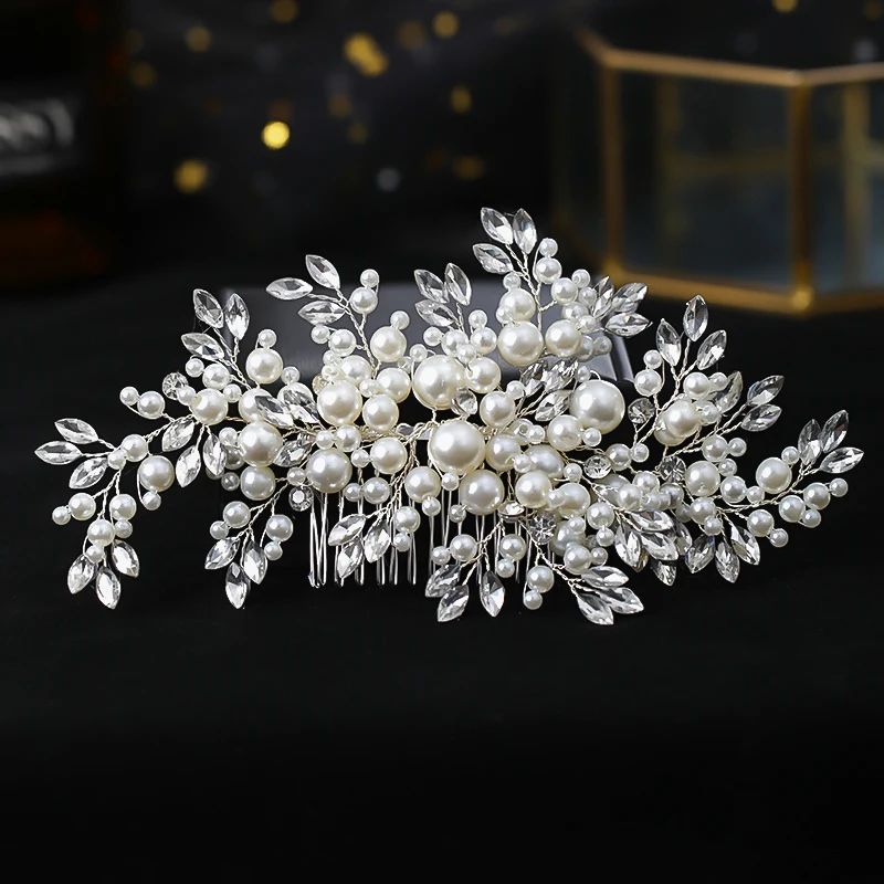 

Bride Pearl Hair Comb Headwear Silver Rhinestone Wedding Headdress Crystal Hair Accessories Bridesmaid Jewelry Party Gift Woman