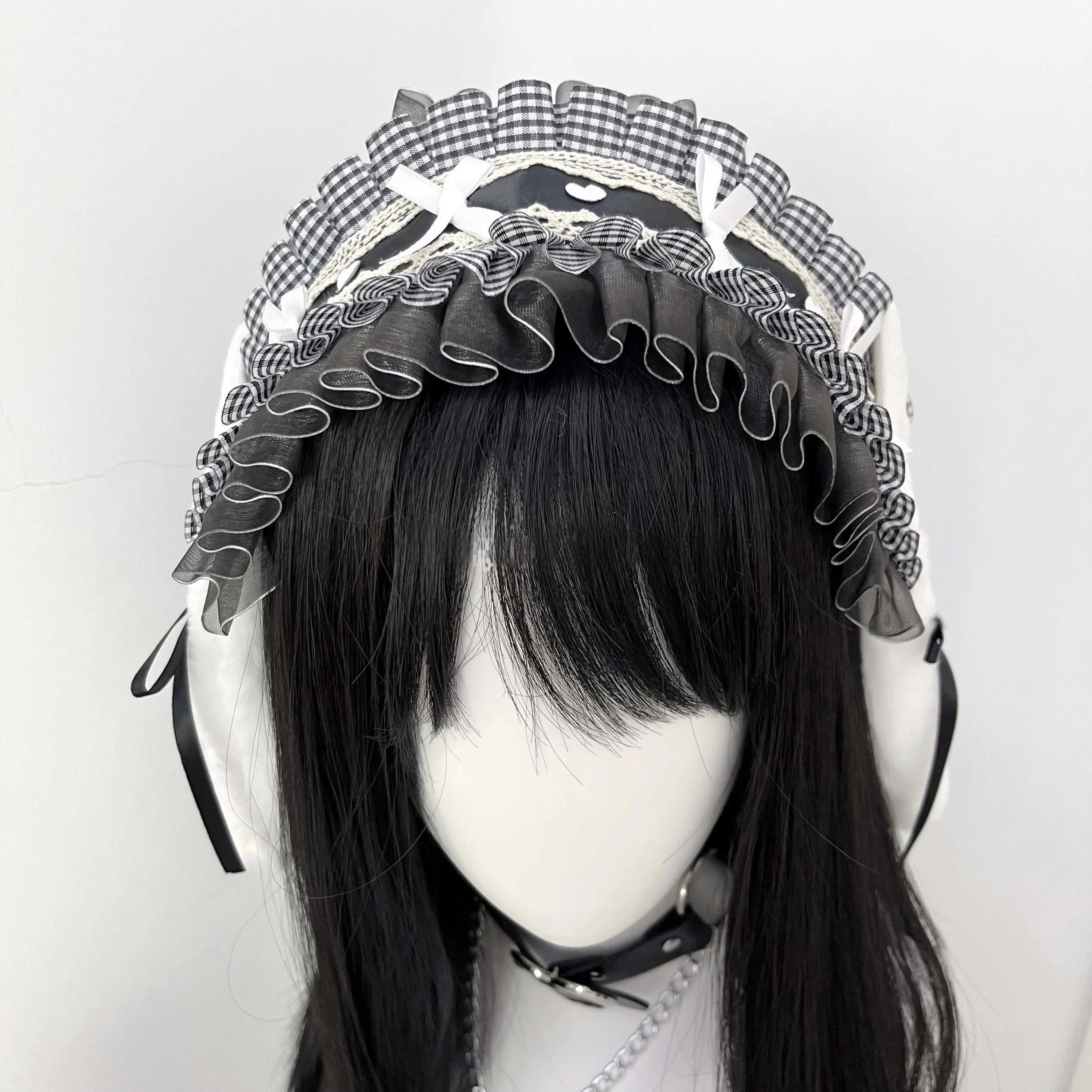 Nieuwe handgemaakte Lolita Gothic zwart-wit geruite engel konijn oor hoofdband subcultuur Y2K meisje hart vleugels hoofddeksel