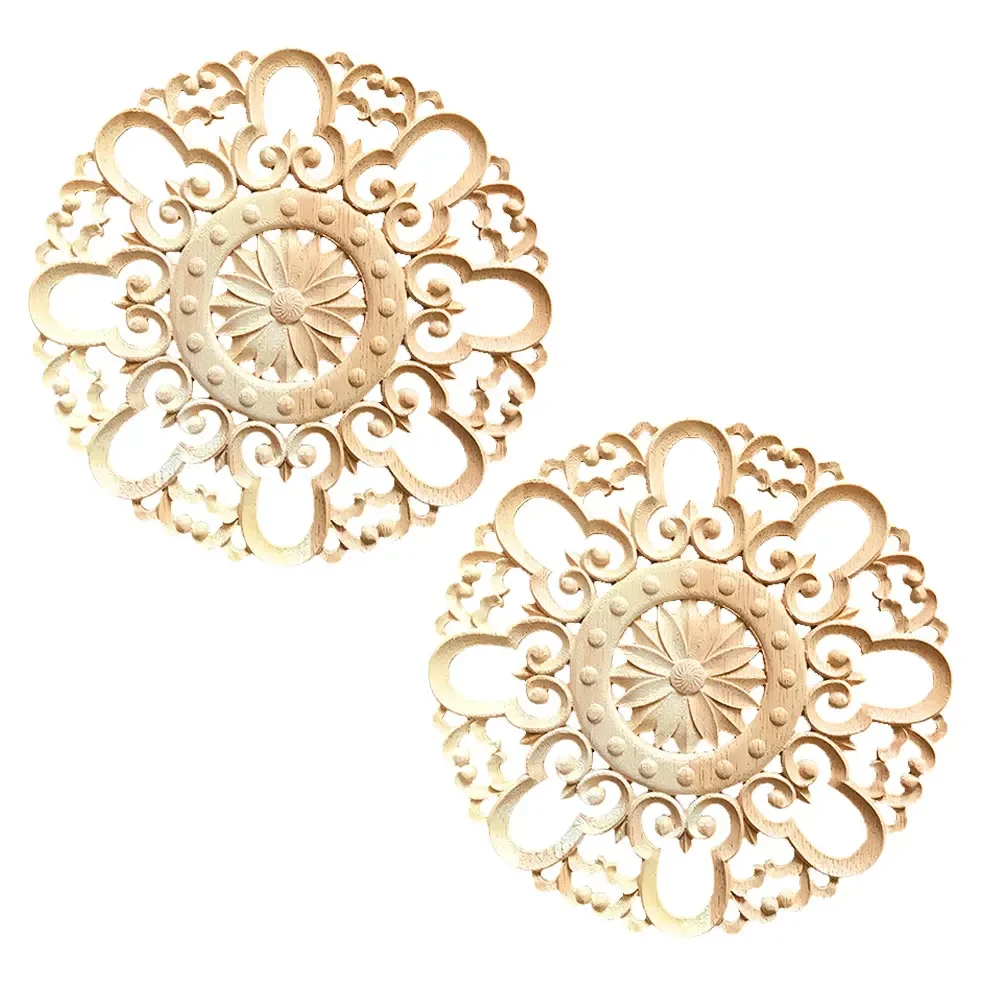 2 PCS Wood Carved Decal Round Unique Corner Onlay Applique Vintage Unpainted Furniture Frame Walls Decorative 20x20cm