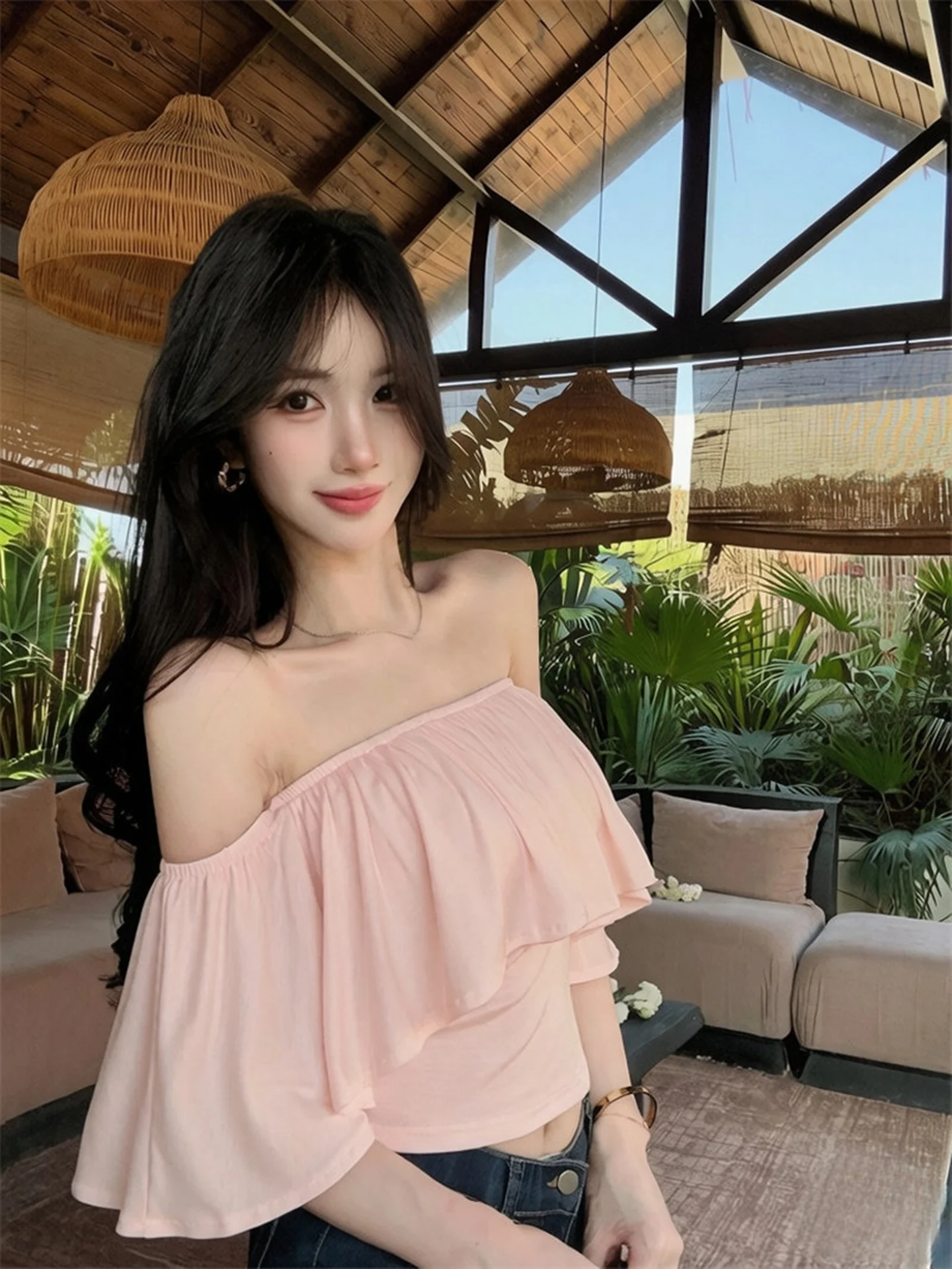 Beautiful Lace Trim Short Sleeve One Shoulder T-Shirt Women's Summer Sexy Spicy Girl Pure Desire Shoulder Exposure Fantastic Top