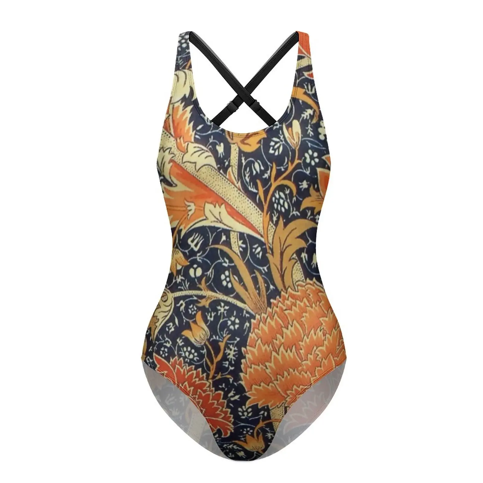 Traje de baño con estampado de arte floral, traje de baño artístico Vintage de una pieza, Monokini deportivo con realce, trajes de baño cruzados en la espalda, trajes de playa para mujer