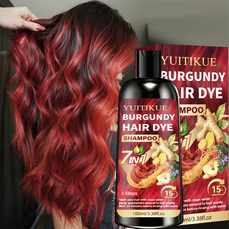 YUITIKUE 100ml Burgunderfarbenes Haarfärbeshampoo, 7 IN 1 15-Minuten Schnellfärbung, Natürliche Feuchtigkeitspflege für Glänzendes & Langanhaltendes Haar – Detail 1