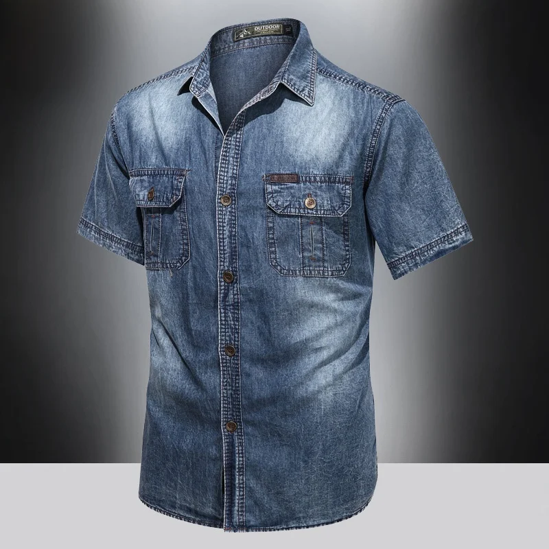 

Ретро-рубашка из денима с коротким рукавом для мужчин, летняя коллекция 2024, большие размеры, модная, 100% хлопок, молодежный стиль