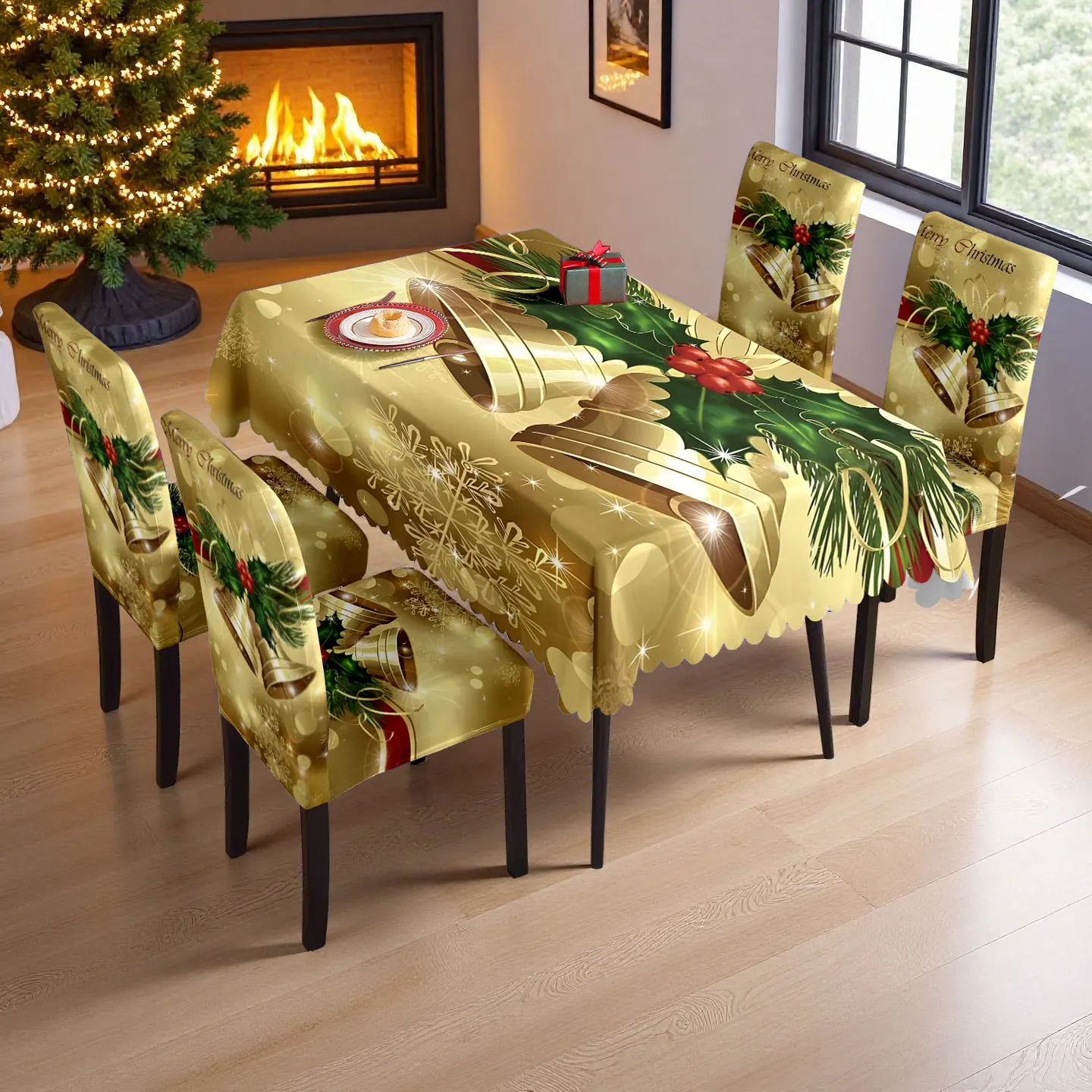 

5/7pcs Christmas Gold Bell & Holly Print Tablecloth Chair Cover Set with "Merry Christmas" Text