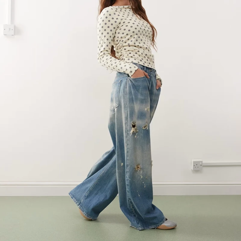 

Combhasaki женские Y2k винтажные футболки в горошек тонкие пуловеры с длинными рукавами и круглым вырезом с боковыми рюшами рубашки топы осенне-зимняя одежда