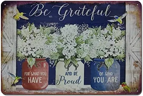 Vintage Flowers Metal Tin Sign, Garden Tin Sign, Be Grateful Home Garden Decor - Hummingbird 12 x 8 Inch sign