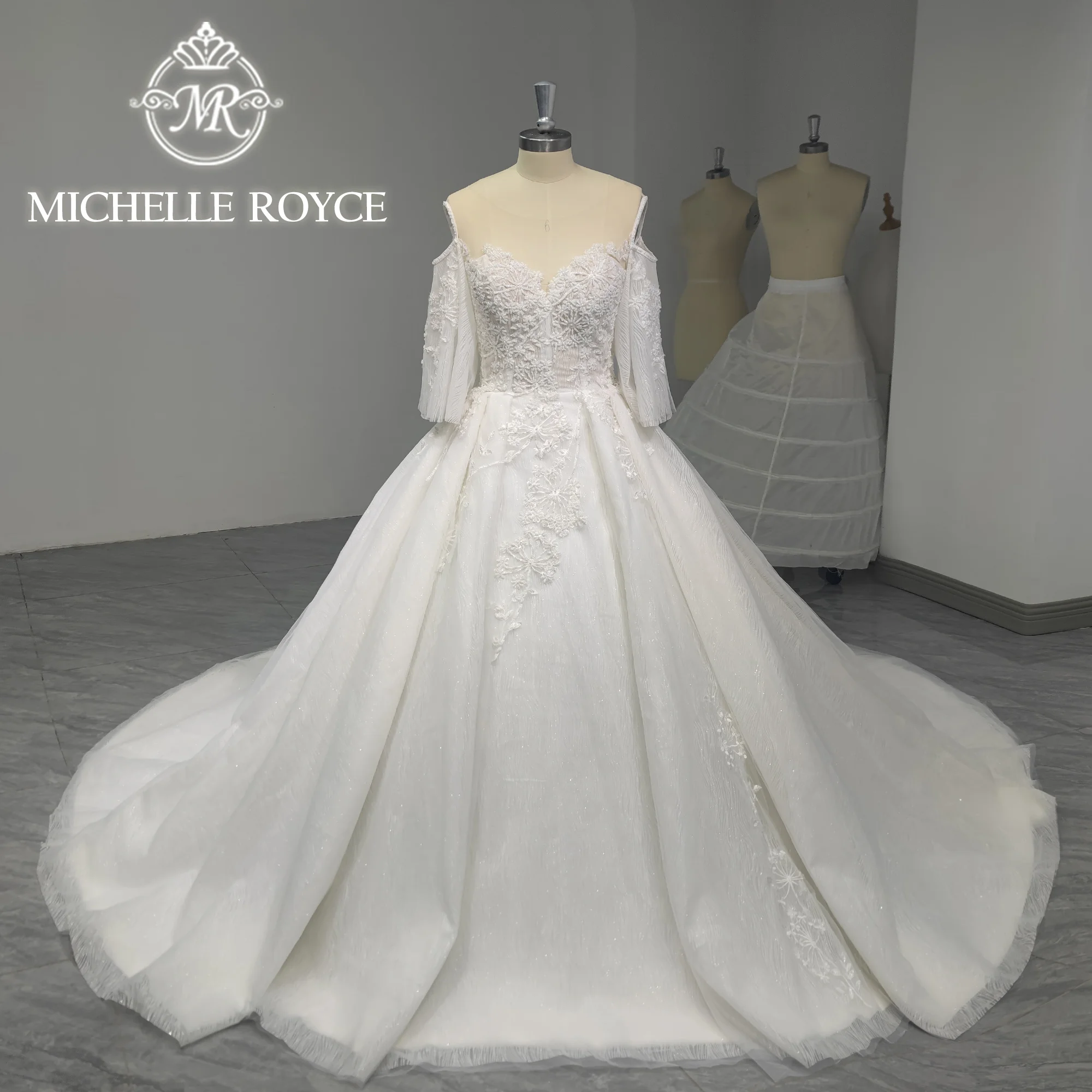 Michelle Royce A-Line Wedding Dresses Sweetheart Beading Backless Flare Sleeve Wedding Gown Vestidos Elegantes Real Work Photos