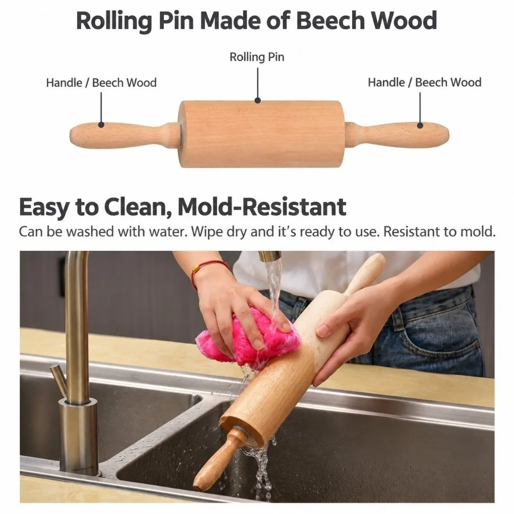 New Beech Wood Rolling Pin Freely Rotating Unpainted Wax Free Pastry Rolling Pin With Handles Dumpling Dough Roller Home Baking