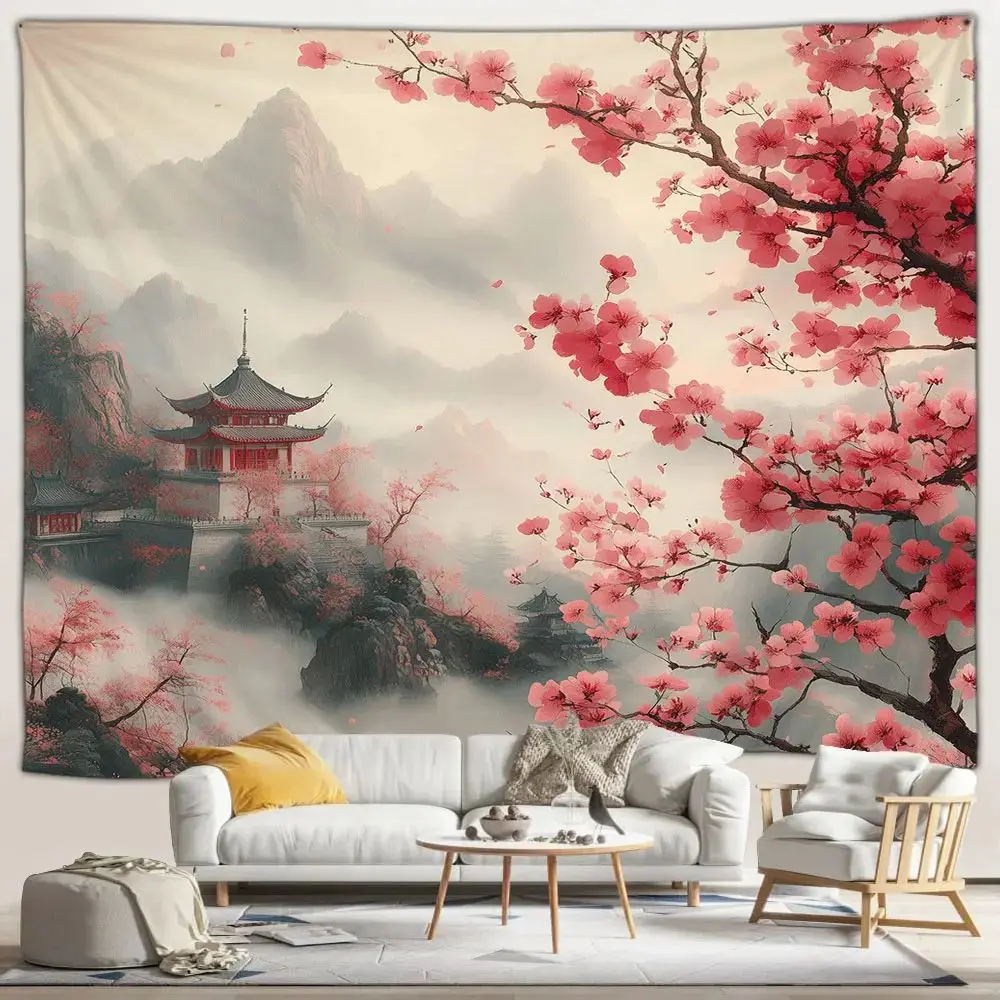 VIKAMA Japanese Cherry Blossom Tapestry Misty Landscape Chinese Architecture Wall Hanging for Living Room Bedroom Decor
