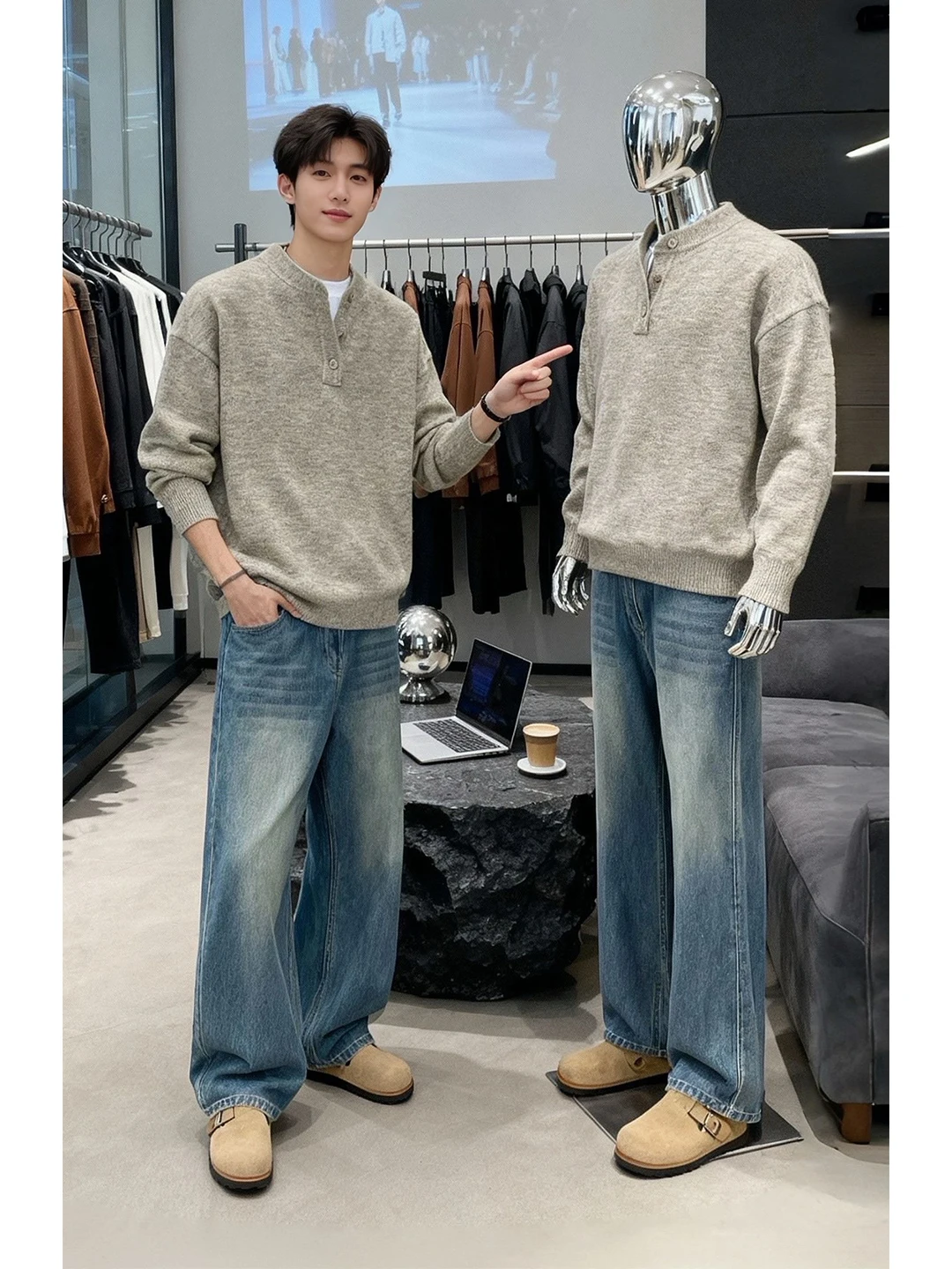 

Мужской зимний свитер с воротником Хенли, вязаный, светло-серый, премиум-класса, базовый слой, свободный крой, длинный рукав