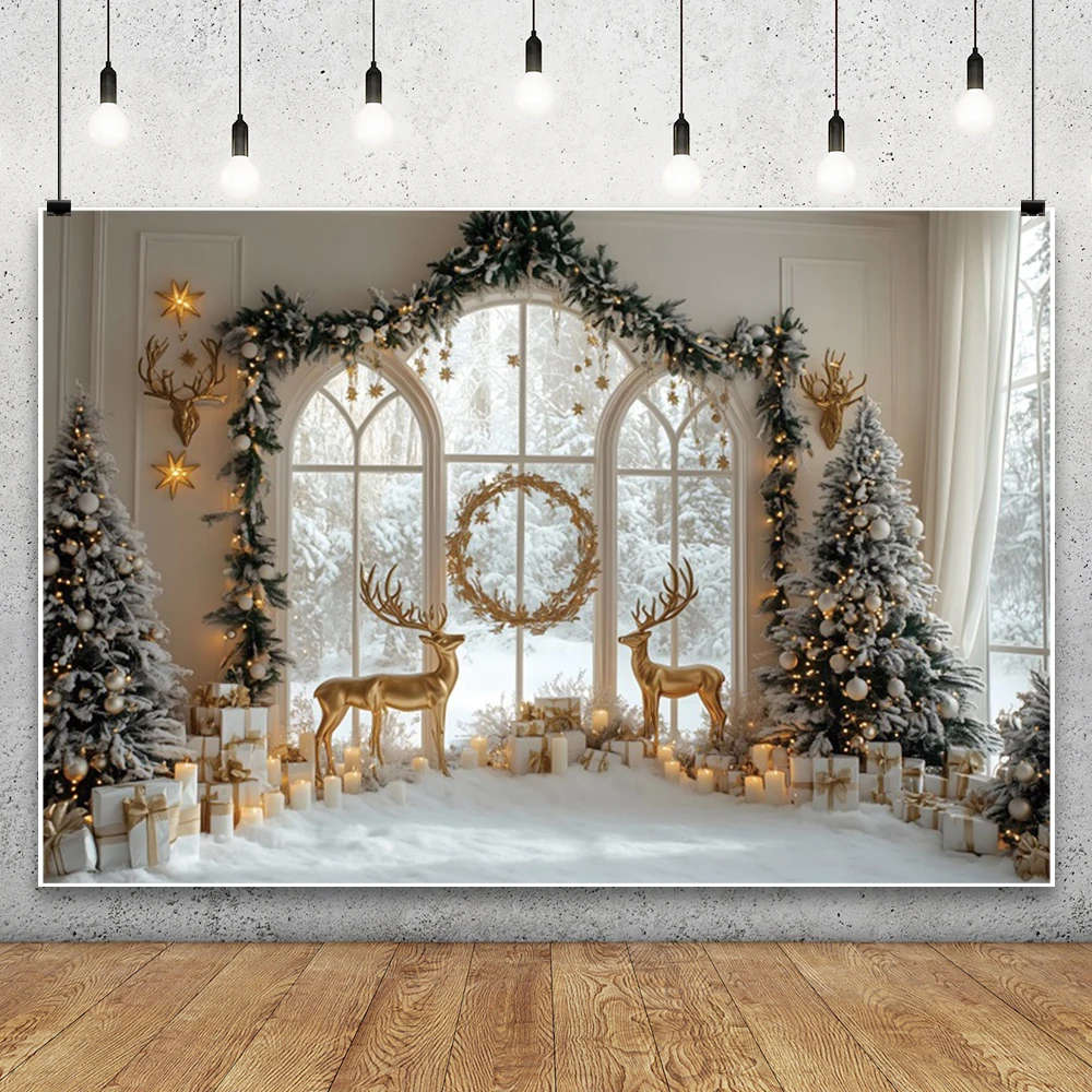 Winter Christmas Interior Backdrop Photography Xmas Fireplace White Christmas Tree Gifts Pine Trees Photo Background Photocall