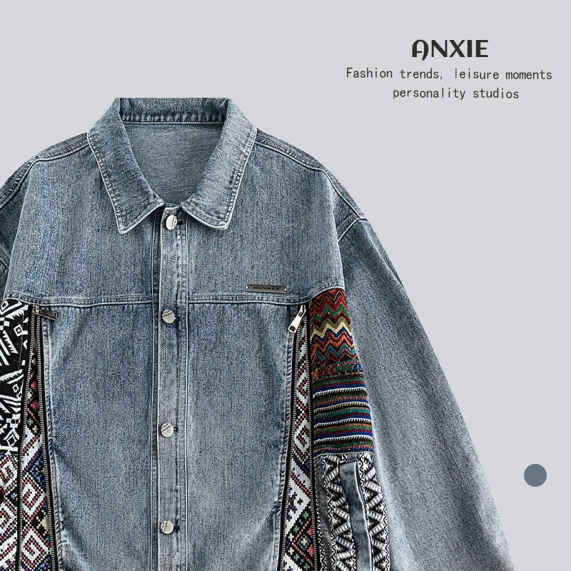 Chaqueta de Mezclilla con Parches de Tendencia Nacional de la Marca ANXIE, Prenda Exterior de Algodón y Poliéster, Traje Étnico para Hombre
