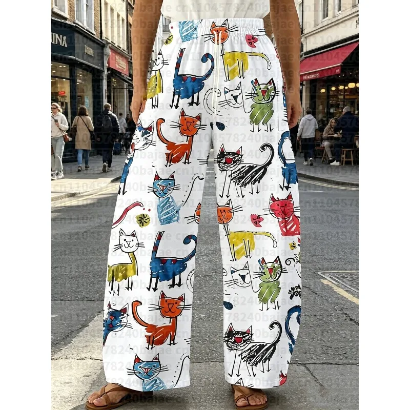 2026 Fashion Cartoon Cat Graphic Pants Quick Dry Breathable Trousers Playful Streetwear High Waist Casual Pants for Women & Kids
