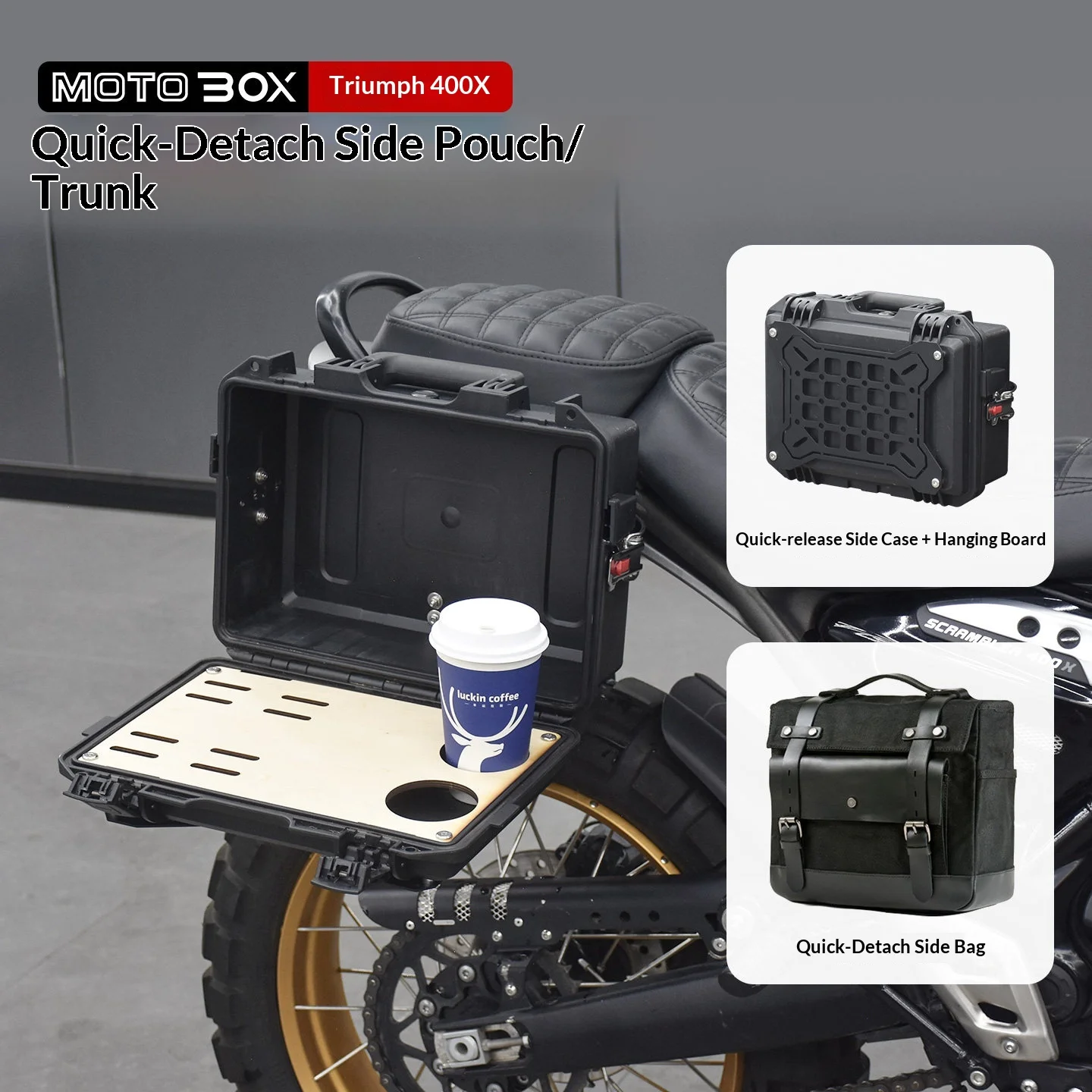 【Premium】For Triumph Scrambler 400X Customized Quick-Release Side Box, Vintage Canvas Side Bag, Tool Box, Rack, and Mounting Acc
