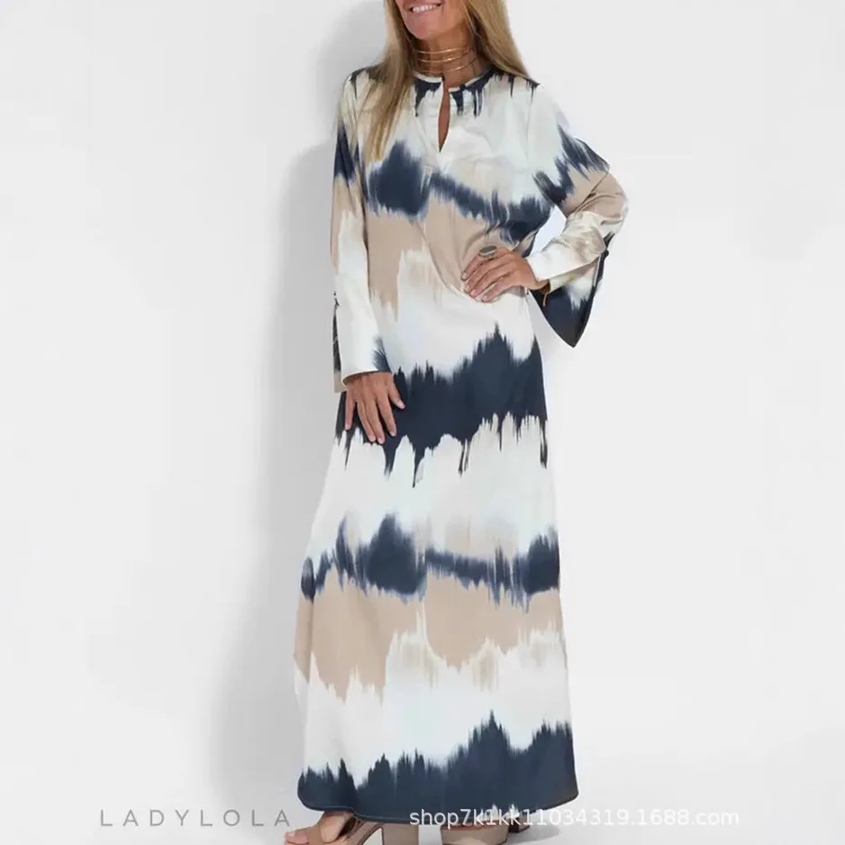 

Spring And Summer New Fashion Women's Clothing Tie-dye Printing V-neck Long Dress Women