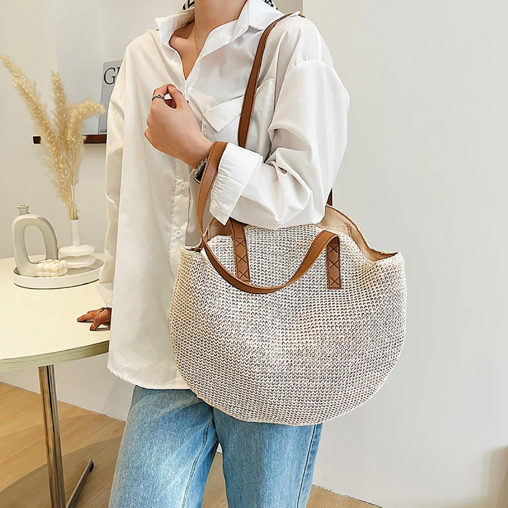 Summer Straw Women Half-moon Beach Handbag Rattan Handmade Handle Fashion Kintted Tote Bag image 4