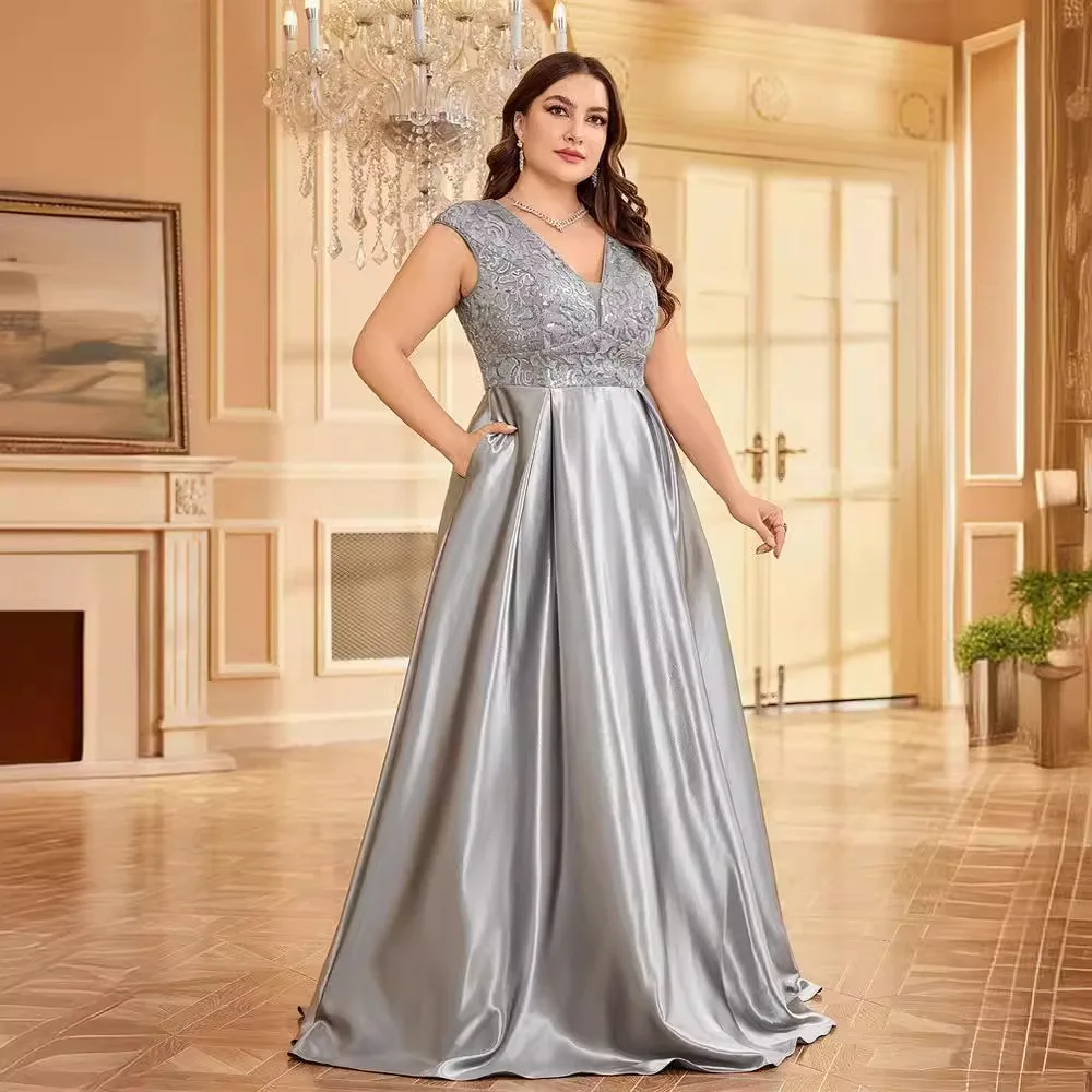 Abito da donna lungo in raso lucido color cipria, scollo a V, senza maniche, con pizzo e paillettes sul busto, gonna a trapezio, per cerimonia africana, damigella d'onore, madre della sposa, matrimonio