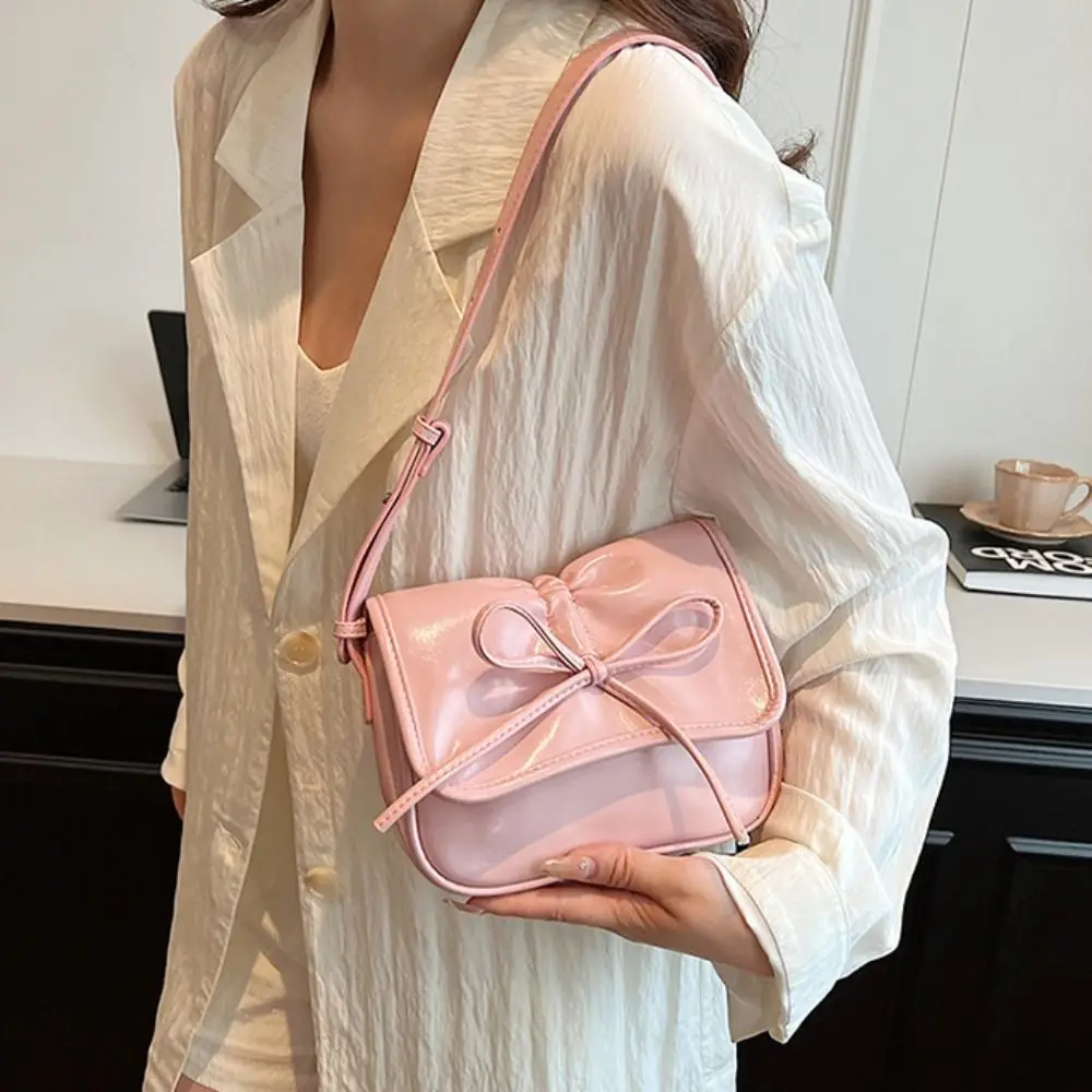 Minority Design PU Leather Bowknot Crossbody Bag Fold Korean Style Y2K Underarm Bag Pink Silver French Shoulder Bag Women